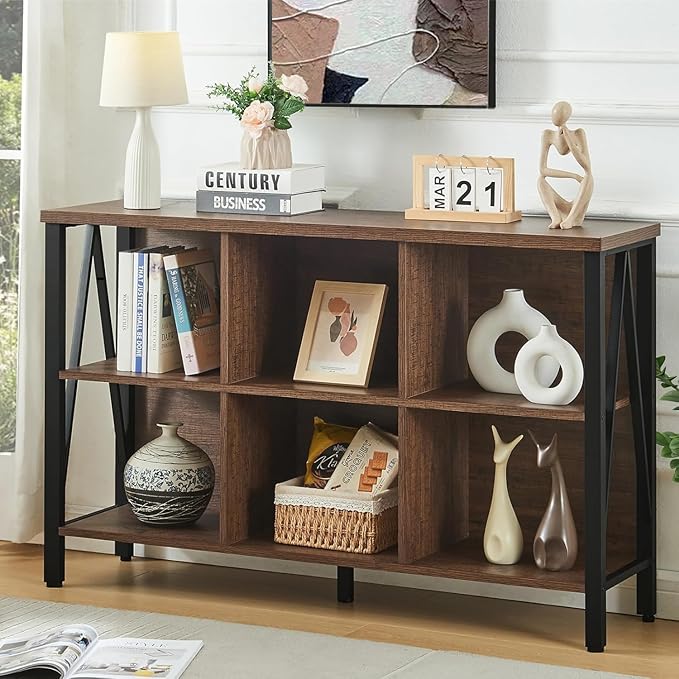 HOMISSUE Cube Storage Organizer Shelf, Rustic Short Wide Bookshelf with 6 Cubes, Industrial Low Cubby Bookcase with 3-Tier Shelves, Horizontal Book Case for Living Room, Office, Brown