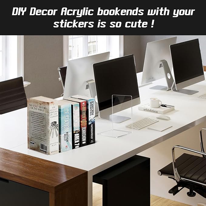 HappyHapi Acrylic Bookends for Shelves, 12 Pcs Clear Book Ends for Heavy Books, Decorative Book Holder for Home Library Office, 5 x 5 x 7.3 inch，6 Pair
