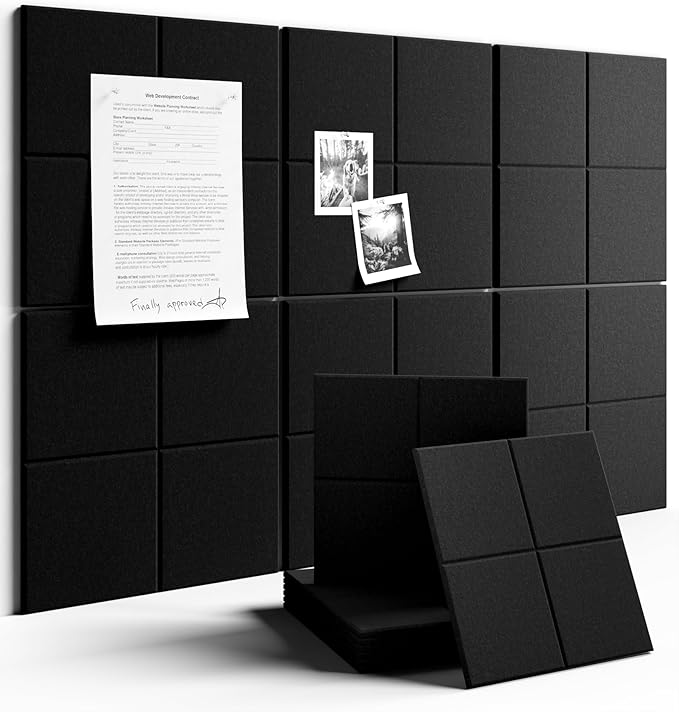 Large Felt Bulletin Board 36"x24", 6-Pack 4-Compartment Wall Organizer, Cork Board Alternative with 60 Removable Adhesive Tabs, Modular Felt Panels for Home Office, Classroom and Study-Black
