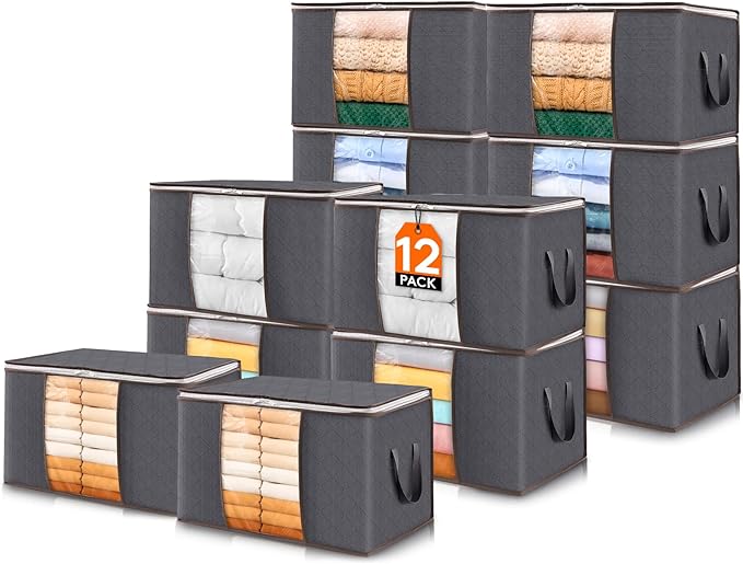 Lifewit 12 Pack Clothes Storage Bins with Lids, Foldable Blanket Storage Bags with Zippers, Clear Window and Reinforced Handles, Closet and Organization for Clothing, Sweater, Comforter, Bedding, Gray