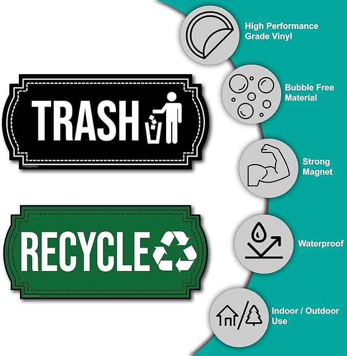 Recycle and Trash Magnets for Kitchen Cans and Recycling Bins, Dual Trash and Recycle Magnet for Garbage Can Logo Symbol, 2 Magnetic Sticker Adhesives, 6.5x3 Inch Design Home Outdoor Waste (Green)