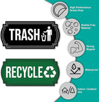 Recycle and Trash Magnets for Kitchen Cans and Recycling Bins, Dual Trash and Recycle Magnet for Garbage Can Logo Symbol, 2 Magnetic Sticker Adhesives, 6.5x3 Inch Design Home Outdoor Waste (Green)
