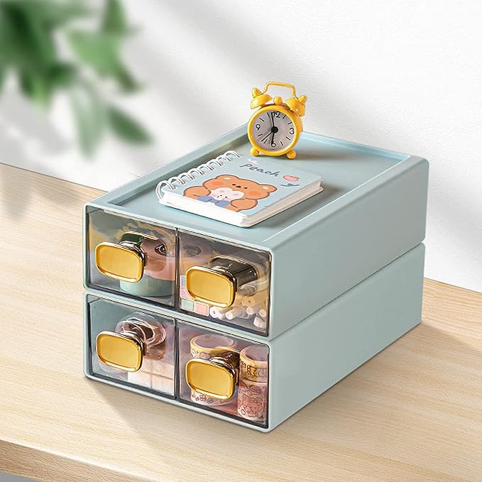 DETEIN 2PACK Stackable Storage Drawers for Desk 6.5"x9"x3" Small Storage Organizer Plastic Desk Organizer with Drawer Desktop Storage Box for Cosmetic, Pencil, Jewelry, Lipsticks (Blue,M-2 Drawer)