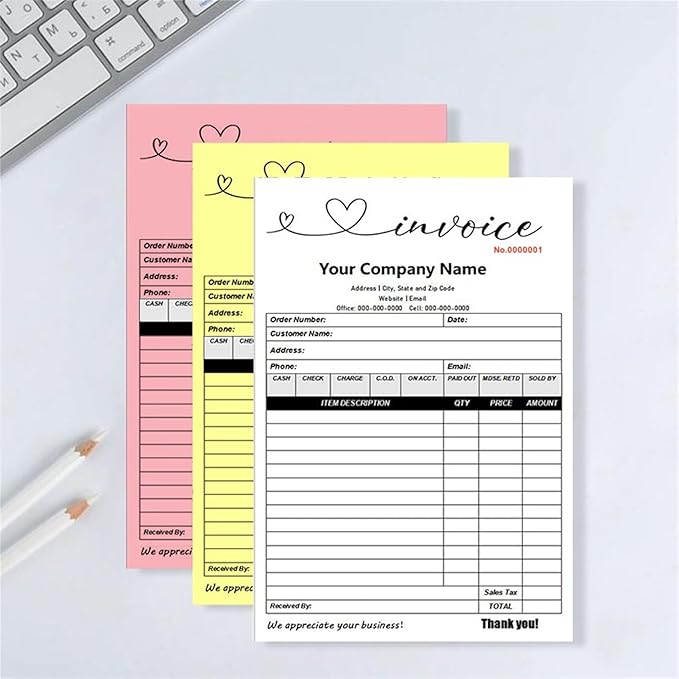 Custom Invoice Book in 3-Part /2-Part Receipt Book with Carbon Copies Personalized Carbonless Service Invoice Form Books Sales Order Book with Company Name Logo Address,F-Invoice Book with Logo