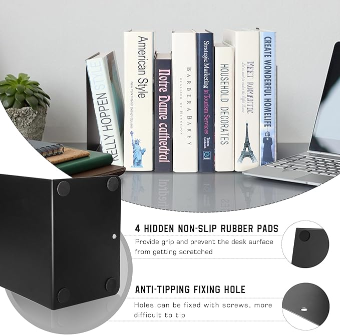 VONDERSO Metal Bookends Black, 2 Pairs Decorative Metal Book End Supports for Shelves Gauge Book Divider Stopper Holders with Non-Slip Anti-Scratch Rubber Pads