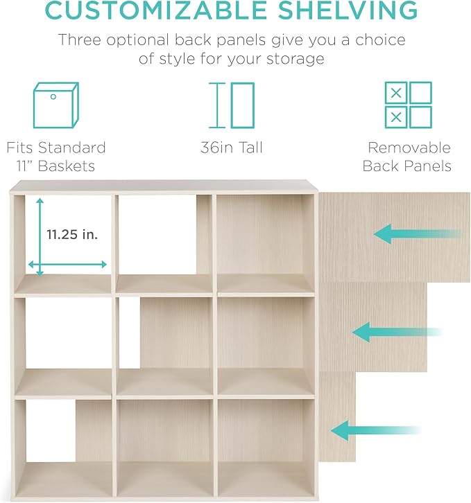 Best Choice Products 9-Cube Storage Organizer, 11in Shelf Opening, Bookcase, Display Shelf, Customizable w/ 3 Removable Back Panels - Whitewash