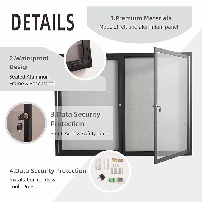 48x36 Inch Lockable Enclosed Bulletin Board, Weather-Resistant Outdoor Noticeboard with 2 Locking Doors, Wall-Mounted Black Aluminum Frame & Grey Felt Presentation Board