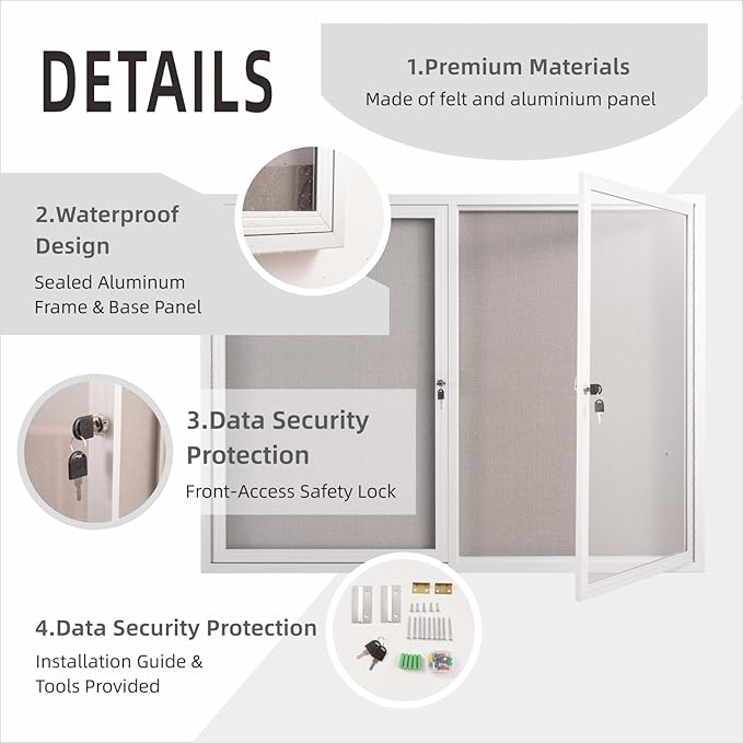 48x36 Inch Lockable Enclosed Bulletin Board, Weather-Resistant Outdoor Noticeboard with 2 Locking Doors, Wall-Mounted Silver Aluminum Frame & Grey Felt Presentation Board