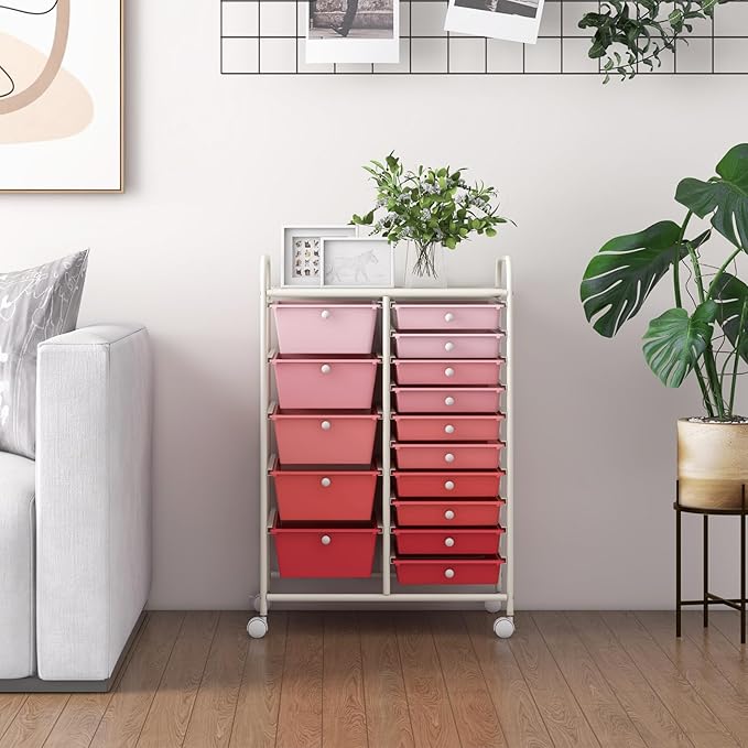 HAPPYGRILL 15-Drawer Rolling Cart, Storage Carts with Removable Drawers & Steel Frame, Utility Cart on Lockable Wheels for Home, School, Office, Pink