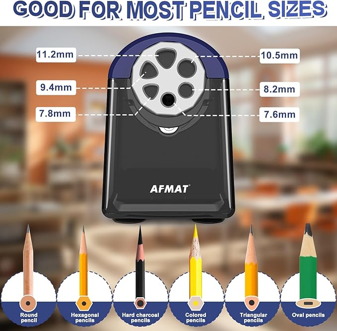 AFMAT PSX2 Heavy Duty Electric Pencil Sharpener, 6 Holes, Classroom Sharpener for 6-11mm Pencils, Auto Stop, Super Fast, Save Pencils, School Teacher Must Have Pencil Sharpeners Plug in, Blue