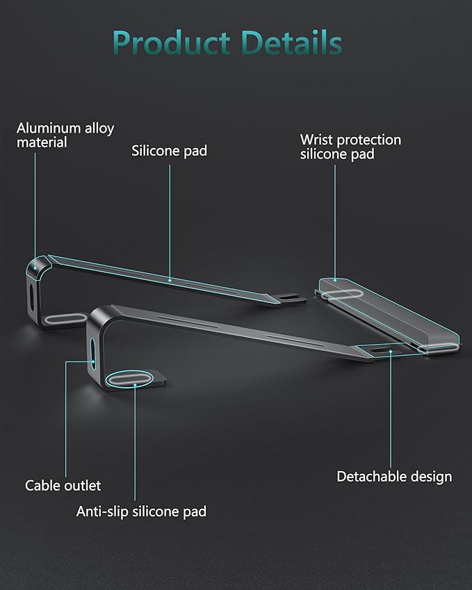 JCZT Aluminum Laptop Stand, Notebook Stand with Wrist Rest, Ergonomic Detachable Laptop Mount, Computer Stand Compatible with 10-17'' All Laptops Such as MacBook Air Pro/HP/Dell/Lenovo, Black