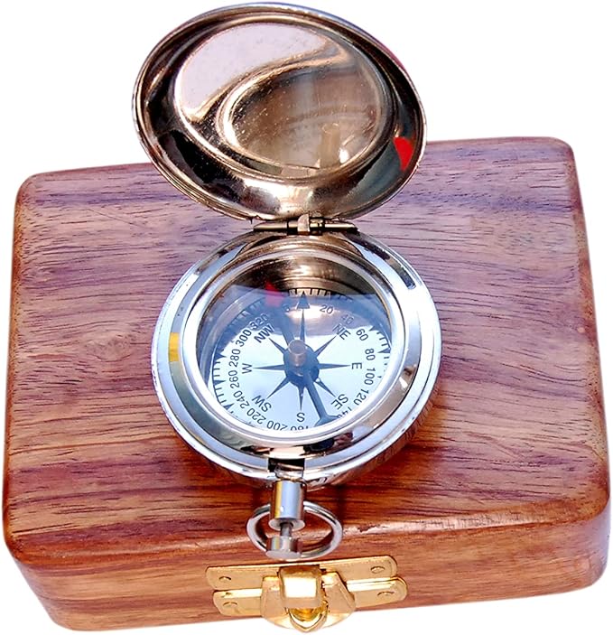 Bazross Brass Nautical Compass with Wooden Case - Antique Brass & Copper Sun Clock for Camping, Hiking, Touring - Engraved Gift for Him - Nautical Clock - Compass Gift