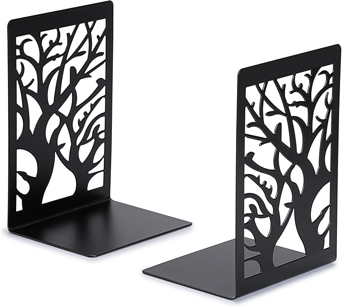 Huron 7" Decorative Designer Trees Steel Non-Skid Metal Book Ends for Shelves Heavy Duty Bookends, Black, Pair (1/3/10/50 Pr) (10)