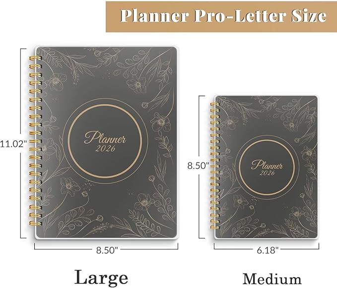 2026 Planner 8.5 x 11, Large Weekly Monthly Planners with Tabs, A4 Spiral Bound Daily Calendar 2026 Planner, 12 Month Agenda from Jan. to Dec., Flexible Cover Appointment Book(Black Gold Flower)