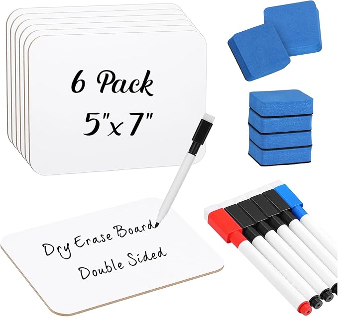 Affrolling 6 Sets Small Whiteboard Dry Erase Boards 5" x7'' Mini Double Sided Dry Erase Lap Boards with Markers Erasers Pen Holders Personal Whiteboards for Students Classroom Teacher