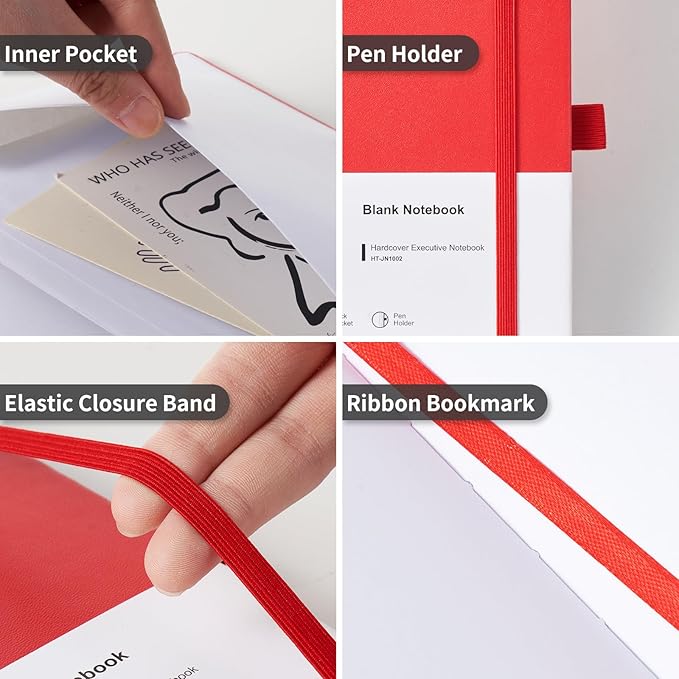 Heture Hardcover Notebooks, A5 Blank Journals Notebook for Writing 160 Pages, 8.2 x 5.5 inch, Classic Blank Notebooks for College/Work/Travel(Red 3 Pack)