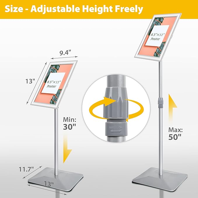 VAIIGO 8.5"x11" Pedestal Poster Stand with Heavy Duty Solid Steel Base, Adjustable Floor Standing Sign Holder for Vertical and Horizontal Display, Silver 3Pack