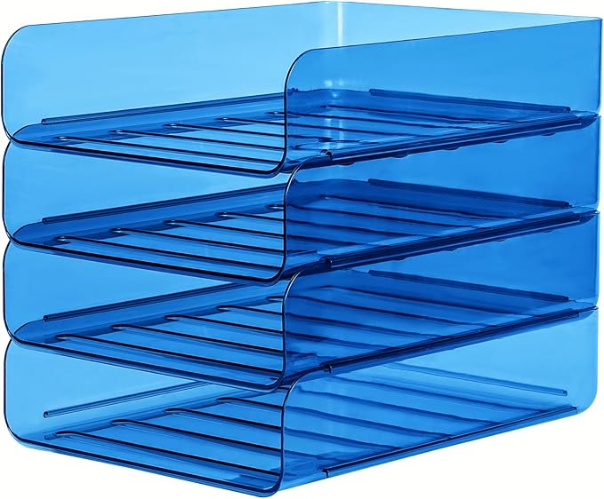 CiWiVOKi 4 Pack Stackable Paper Tray Organizer File Organizer for Desk, Office Organizer and Storage for Desk Accessories, Notes, Books, File Paper, Document, Blue