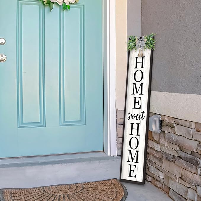 LuZhiQiang Welcome Sign for Front Porch Outdoor Home Sweet Home, 45"X9" For Large Front Door Wreath Standing Wooden Frame Tall Vertical Leaner Long Signs, Rustic Outside Farmhouse Garden Patio Decor (Wood)
