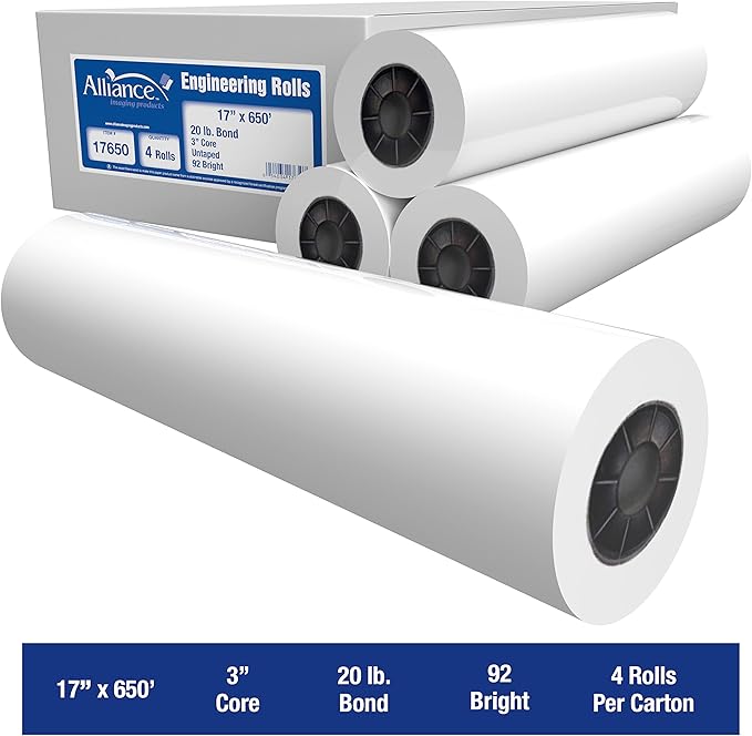 Alliance Wide Format Paper Rolls, 20lb with 3" Core (17 In x 650 FT | 3" Core, 20lb | 4 Rolls)