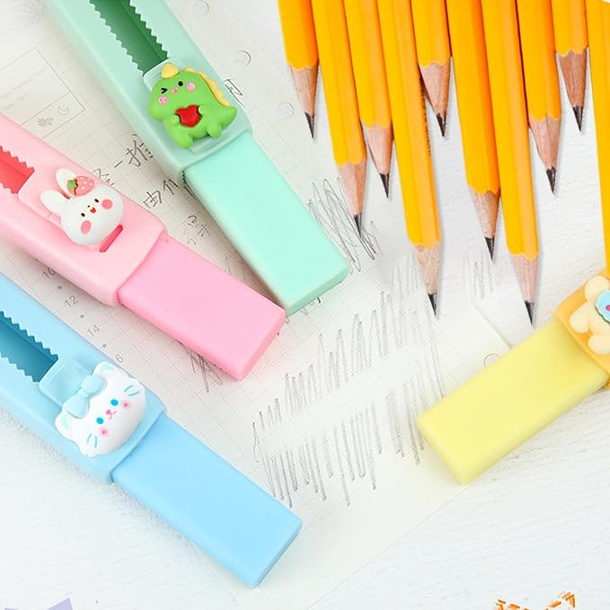 BetterJonny Sliding Retractable Eraser, 4 Color Push Pull Erasers and 8 Refills, Animal Erasers for Pencils Drawing(A)
