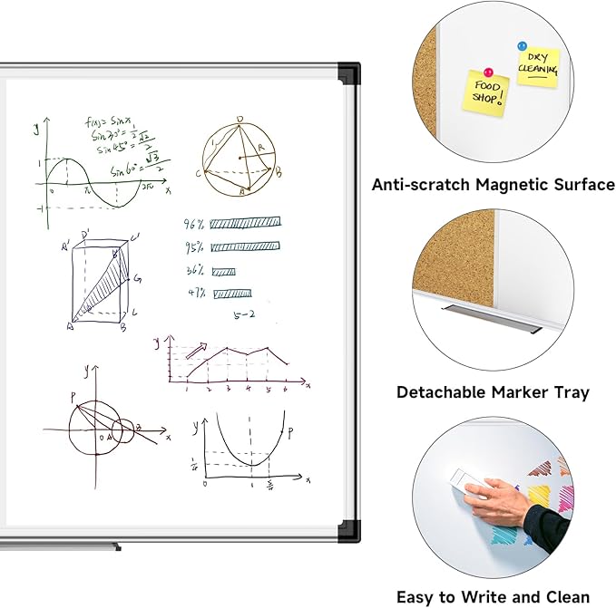 XBoard Magnetic White Board and Bulletin Corkboard Combination, 36 x 24 Inch Half Dry Erase & Cork Combo Board for Wall with Aluminum Frame, 3' x 2' Notice Memo Board Tack Pin Board Vision Board