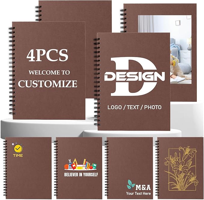 Custom Spiral Notebook - Upload Your Own Photo/Logo/Text, Set of 4 Personalized Journals, A5 Kraft Soft Cover, 120 Pages, 8.4 x 5.8 Inch, Customizable Notebooks for Gifts, Office or Business, Brown