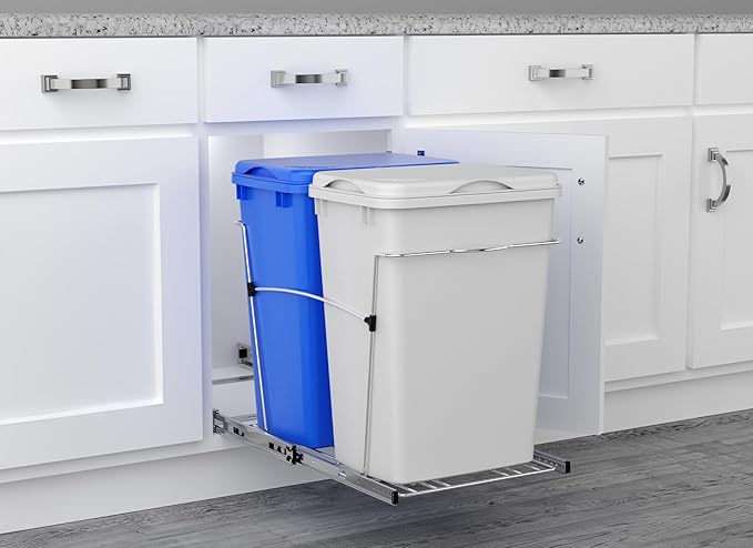 Rev-A-Shelf RV-18KD-11RC-S Double Pullout Trash Can for Kitchen Cabinets 35 Qt Garbage Recycling Bin on Full Extension Slide, Blue/White