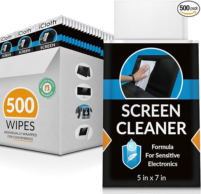 iCloth Large Screen Cleaning Wipes for Electronics, Lint-Free and Streak-Free, Fast-Drying, Removes Dust, Fingerprints, and Smudges (500 Wipes)