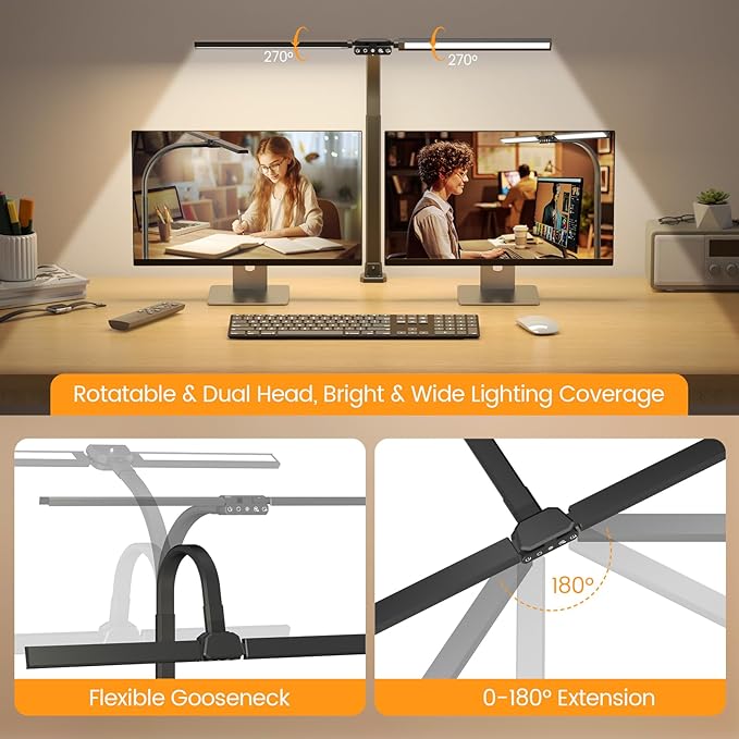 SIBRILLE Upgraded LED Desk Lamp for Home Office with RGB, Rotatable Computer Desk Light with Remote, Tall Table Lamp with Clamp for Working, Dimmable Dual Head Task Lighting for Monitor PC, 22W