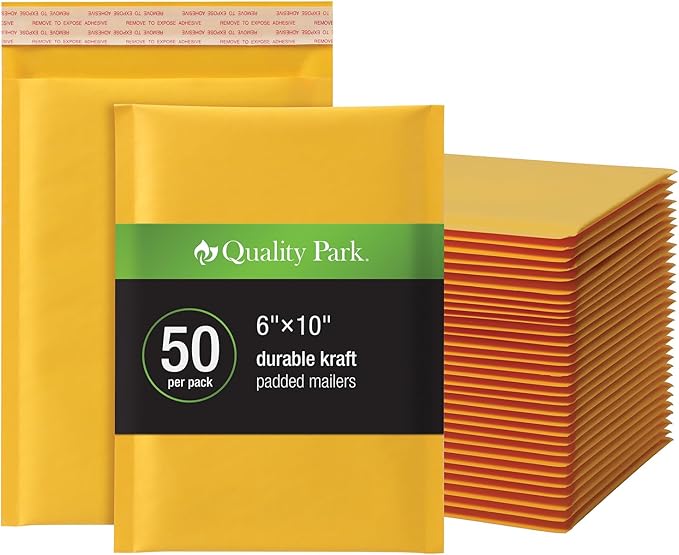 Quality Park Bubble Mailers, 6 x 9 Shipping Envelopes, Self-Seal, Durable Brown Kraft Padded Envelopes, Redi-Strip Peel Off Closure, 50 Per Box (QUA85755)