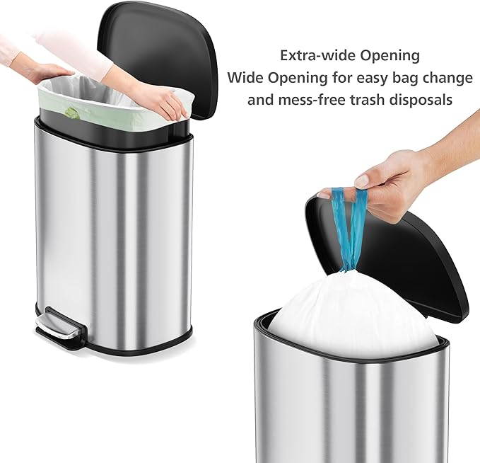 50L / 13.2 Gallon D-Shaped Stainless Steel Step Trash Can, Soft-Close Lid, Removable Inner Bin, Fingerprint Resistant, Space-Saving Garbage Bin for Kitchen, Bathroom, Outdoor, Home Office, Compost