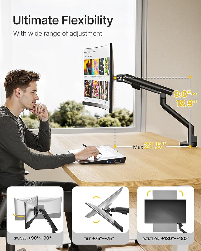 monTEK Single Monitor Arm with USB for 17-40 Inch Screens, Up to 24.25lbs, Heavy Duty Monitor Mount with VESA Mount, Full Motion Adjustment Monitor Stand C-Clamp/Grommet Base,MA1010UCBK