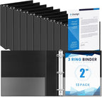 Henoyso 12 Pcs 3 Ring 2 Inch Binders Fits 8.5 x 11 Inch Letter Size Paper, Plastic Black Flexible Binders with View Cover and 2 Pockets, 375 Sheets Capacity for Office School