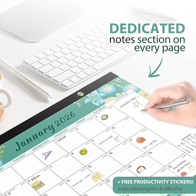 2026 Desk Calendar, Monthly Calendar, 18 Months (Jan 2026 - Jun 2027), Large Desktop Calendar 17" x 12" for Home, Office or School, Watercolor Floral