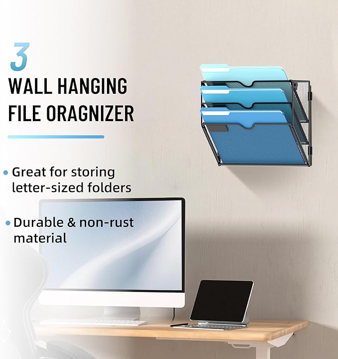 SUPEASY 3-Tier Wall File Holder Organizer with Hooks, Mesh Hanging File Organizer, Mail Organizer Wall Mounted for Papers, Folders, Office Magazine Rack, Black
