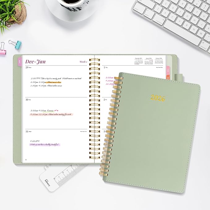 2026 Planner, Annecy Weekly ＆ Monthly Planner 2026, Jan. 2026 – Dec. 2026, 6.4" x 8.5" Monthly Agenda Planner with Tabs, Vegan Leather Cover, Spiral Binding, Double-sided Pocket, Bookmark, Green