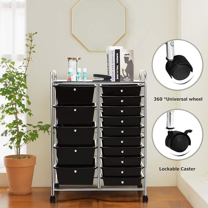 HAPPYGRILL 15-Drawer Rolling Cart, Storage Carts with Removable Drawers & Steel Frame, Utility Cart on Lockable Wheels for Home, School, Office, Black