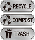 3PCS Recycle Stickers for Trash Bins, Self-Adhesive Waterproof Brushed Silver Trash Compost and Recycling Stickers for Trash Can, Kitchen, Office, Garbage Bin Indoor, Outdoor Use