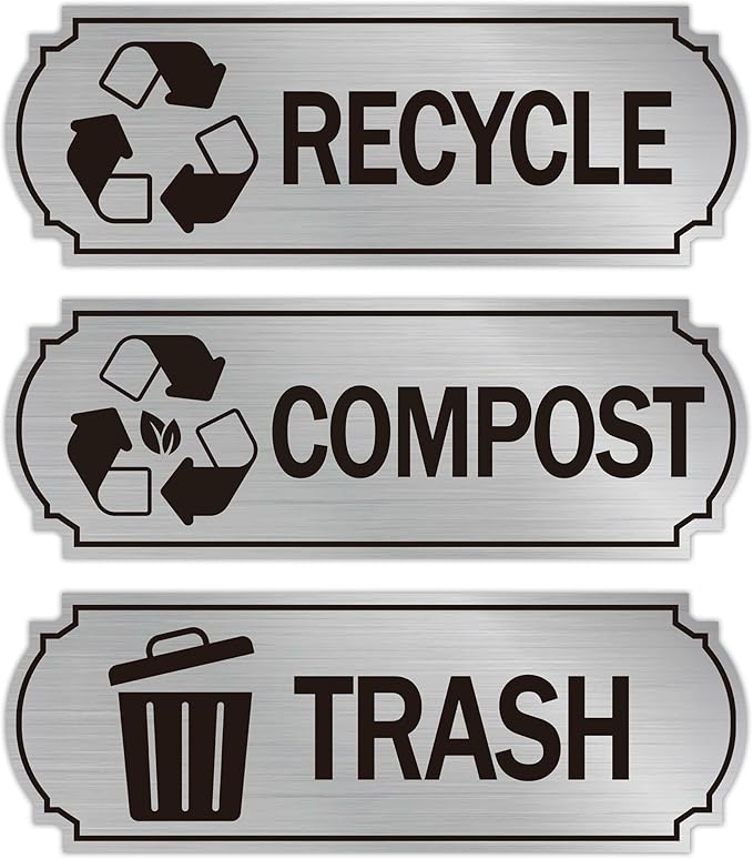 3PCS Recycle Stickers for Trash Bins, Self-Adhesive Waterproof Brushed Silver Trash Compost and Recycling Stickers for Trash Can, Kitchen, Office, Garbage Bin Indoor, Outdoor Use
