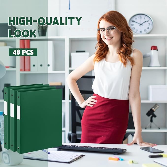 Henoyso 48 Pcs 3 Ring Binder 0.5 Inch Round Fits Letter Size 8.5'' x 11'' Paper Plastic Flexible Binder Bulk Holds 140 Sheets with 1 Pockets Versatile Organizer for Home Office School (Dark Green)