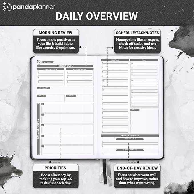 Panda Planner Classic A5 Daily Planner 2026 - Undated Quarterly & Productivity Planner with Hourly Schedule, To Do List, Daily Journal, Goal Planner, Habit Tracker & Gratitude Organizer – Black