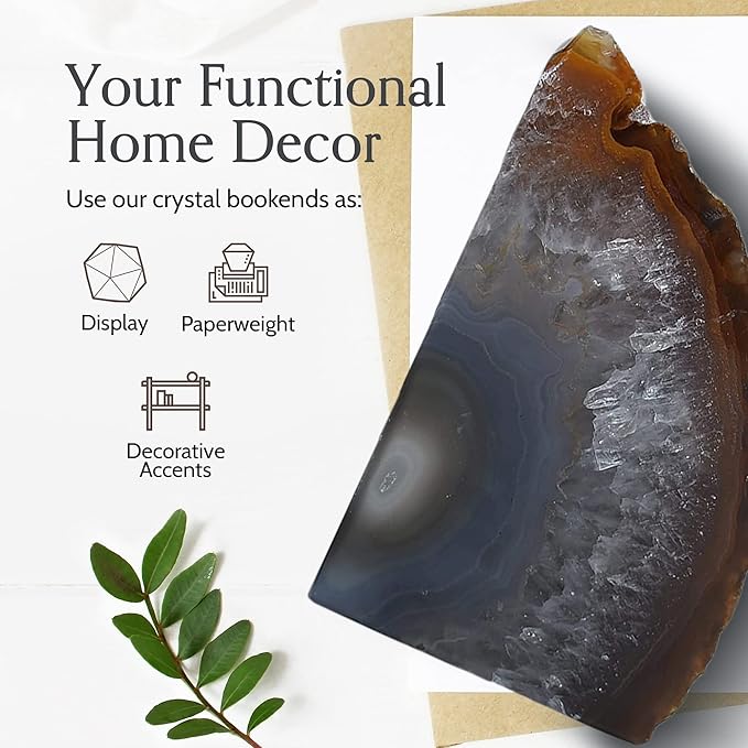 Nature's Decorations Natural Agate Bookends – A+ Grade Geode Heavy Duty Decorative Stone Crystal Book Ends for Shelves & Bookcases, Polished Bookshelf Decor, 1 Pair 6-8Lbs