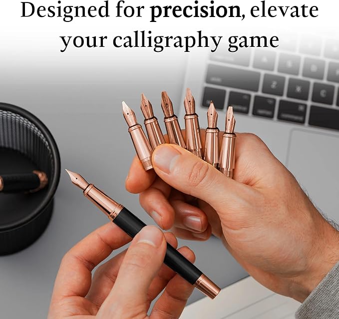 Ellington Pens Luxury Calligraphy Set - Premium Fountain Pen with 6 Nibs, 50 ml Black Ink Bottle, 6 Cartridges, Converter, Elegant Gift Box – Perfect for Drawing, Writing, Gifting (Midnight Rose)