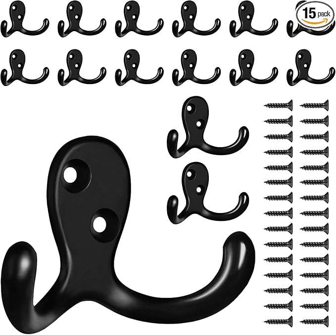 CBWLWJ 15 Pack Coat Hooks Wall Hooks for Hanging, Heavy Duty Double Prong Metal Hook Wall Mounted for Living Room, Bathroom, Kitchen, Bedroom for Coat, Bag, Scarf, Towel, Hat, Key, Cup (Black)