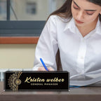 SalaGraphics Desk Name Plate Personalized, Custom for Desk, Office Decor Women Men, Acrylic Accessories, Gifts Coworkers Boss Teacher, Employee Appreciation (Black Flower), 8''(L)x2.5(W)