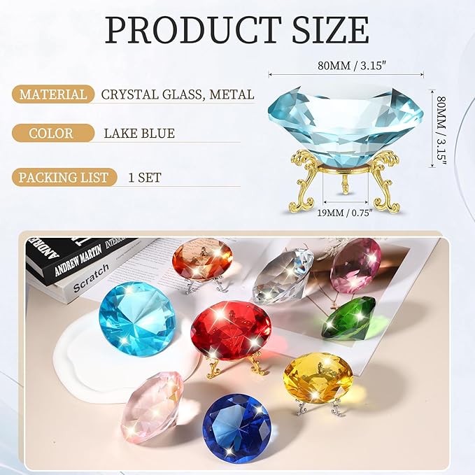 PATIKIL Diamond Crystal Paperweight, 80mm / 3.15" Crystal Paperweight Paper Weight with Gold 19 Metal Base for Home Office Desktop Table Decor Wedding Party Ornaments, Lake Blue