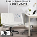 PUKAMI Criss Cross Chair with Wheels,Armless Cross Legged Office Desk Chair,PU Leather Modern Swivel Height Adjustable Wide Seat Computer Task Vanity Chair for Home Office(White)