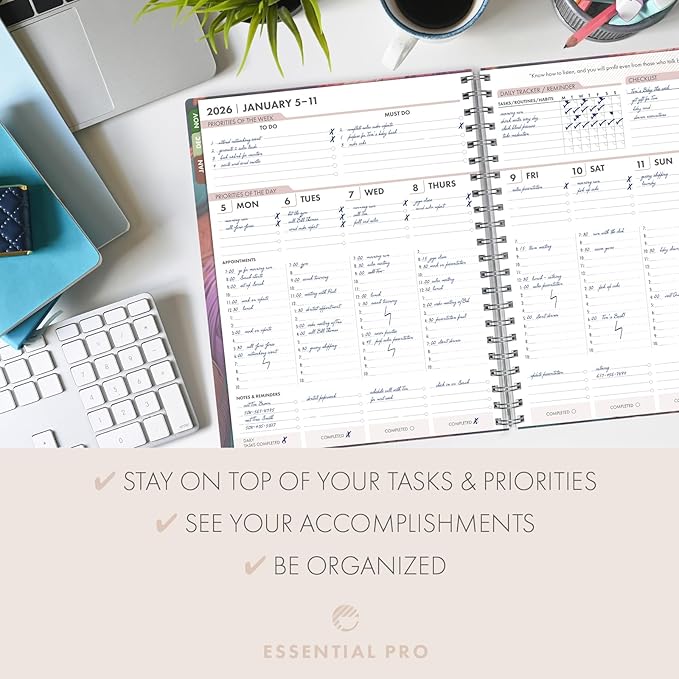 Essential PRO 2026 Daily, Weekly & Monthly Planner, 8.5"x11": 14 Months (Nov 2025 - Dec 2026) Monthly Tabs,Daily Tracking,Notes Pages,Storage Pocket,Bookmark w Sticky Notes (Pastel Peacock)