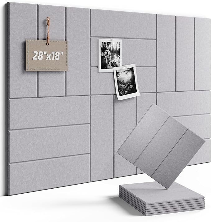 Fluxynara Felt Bulletin Board Tiles -28"x18" with 40 Adhesive Tabs, Cork Board Alternative for Office Decor, Push Pin Board Wall Organizer 6-Pack (Soft Gray)
